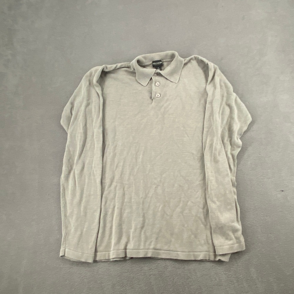 Reunion Menswear 100% Silk Long Sleeve Polo Shirt Taupe Knit Sweater Mens M